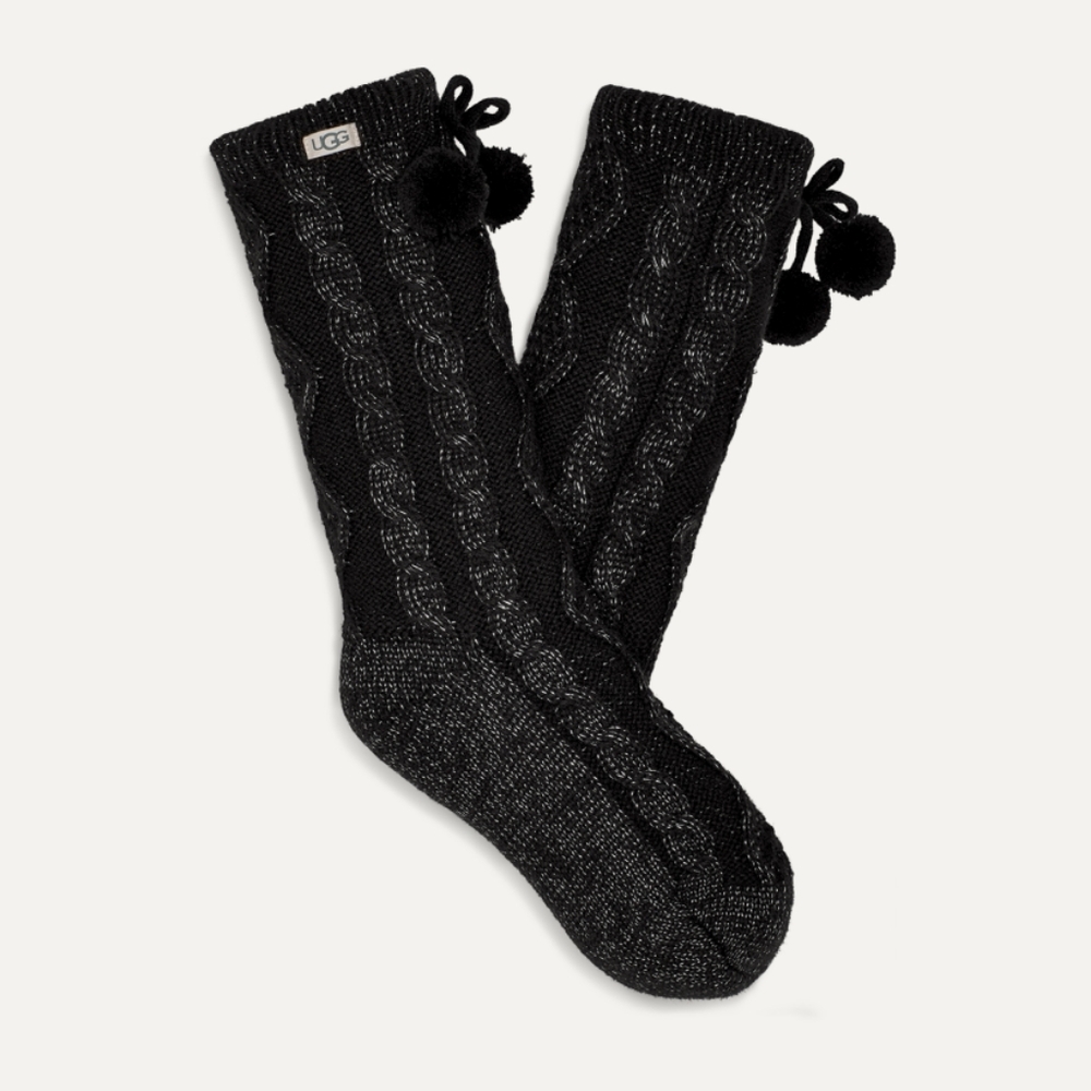 UGG Pom Pom Fleece Lined Crew Sock | Black and Silver | Cozy Winter Socks
